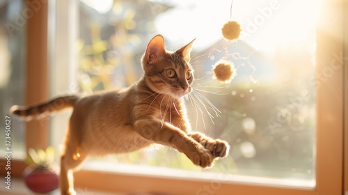 an Abyssinian cat with its slender, short ruddy coat, and almond-shaped amber eyes