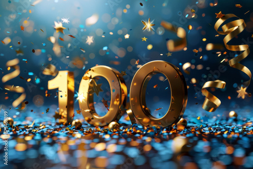 Celebration of 100th anniversary or 100 first subscribers in gold color and confetti close up. Golden number 100 celebration 