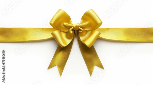 Golden ribbon bow on left of long straight ribbon for holiday banners, isolated on white background