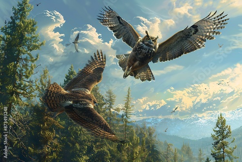 A wise old owl and a cunning hawk engage in an aerial duel over hunting grounds in a vast pine forest.