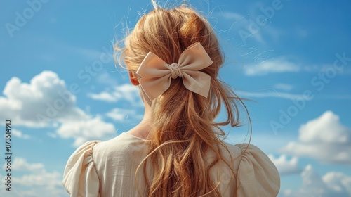 A girl with a large, cream-colored bow in her hair gazes at a blue sky with scattered clouds, evoking a sense of wistfulness and longing in a serene, outdoor setting.