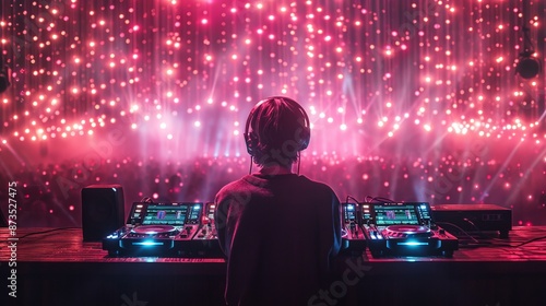 Back of Dj with music equipment standing Infront of audience in a club with strobe lights.