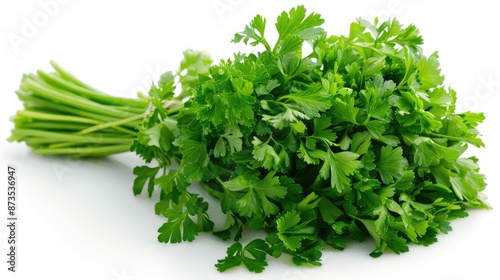 A bunch of fresh green parsley is displayed on a white background. The parsley is fresh and green, and it is arranged in a way that makes it look like a bundle of sticks