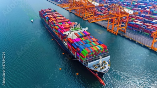 Aerial view of container ship in busy port, vibrant colors highlighting shipping network, network, maritime trade