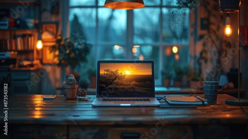 There is a laptop computer sitting on a table in front of a window