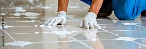 Close up view of expert craftsman meticulously laying ceramic tiles on the floor