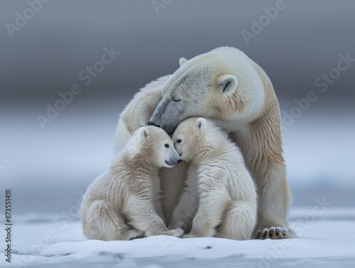 A mother polar bear cuddles her two cubs in the snowy Arctic. AI.