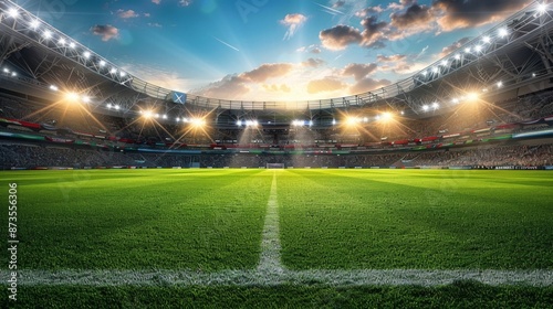 Soccer stadium at sunset with the lights on and full of fans