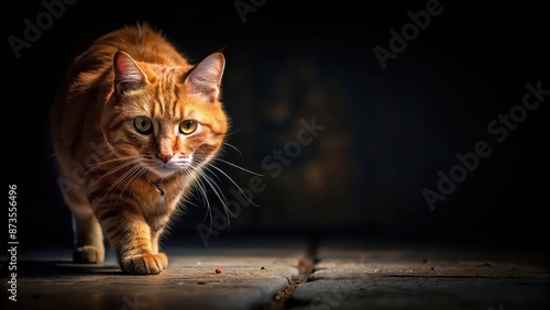 A dramatic image of a red cat prowling in the darkness of the night, red, cat, night, dark, mysterious, feline, animal, predator