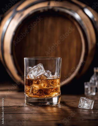 Whisky glass with ice flakes on top of a wooden barrel and a shot of a non-branded advertisement.