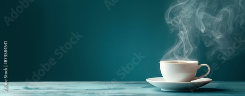 Steaming white coffee cup on saucer against a teal background, exuding warmth and inviting relaxation.