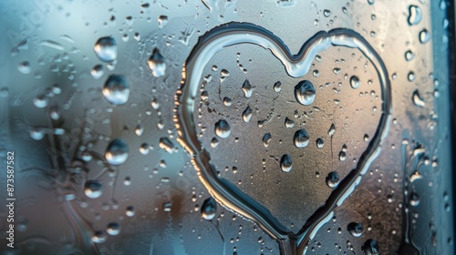 A picture of a heart drawn on a mirror Decorated with steam rising up and water droplets falling on the surface. Fog effect adds to the romantic atmosphere. Stimulates feelings of warmth and closeness