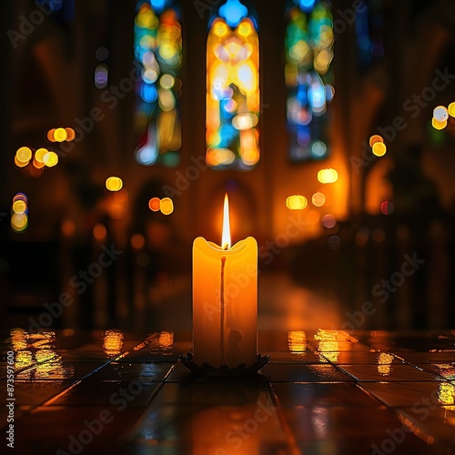 Candle flame in a church setting, illuminating stained glass windows, peaceful and spiritual