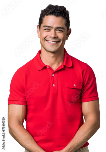 Hispanic man in his 30s wearing a red polo shirt job uniform, smiling warmly, exuding confidence and friendliness