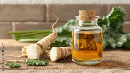 Burdock Root Extract in an elegant bottle, with burdock roots and leaves, on a rustic kitchen surface, photorealistic and premium