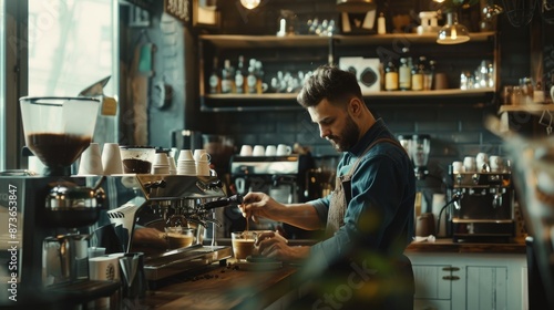 A barista is brewing coffee in a stylish cafe with contemporary industrial design and cozy lighting AIG62