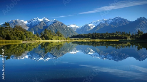 A serene mountain lake with a reflection of snowcapped peaks and a clear sky