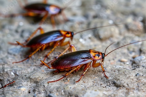 Detailed macro shot of cockroaches navigating a stony surface, highlighting their anatomy