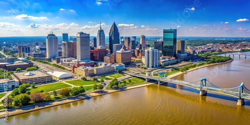 Aerial view of downtown Louisville on the Ohio River, Louisville, Kentucky, cityscape, skyline, buildings