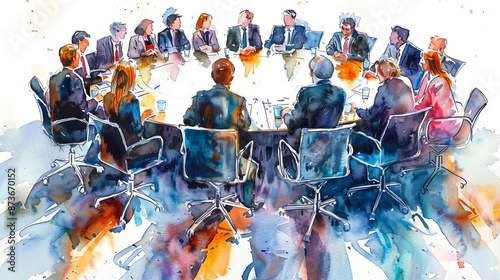 Investors at a round table, biases visually evaporating from their discussions, bright and cooperative, watercolor