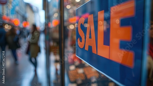 Closeup of a sale sign in a store window with blurred shoppers in the background, leaving room for promotional text