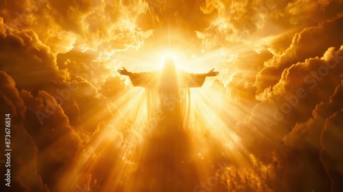 Jesus Christ welcoming souls into heaven with a radiant glow and open arms. 