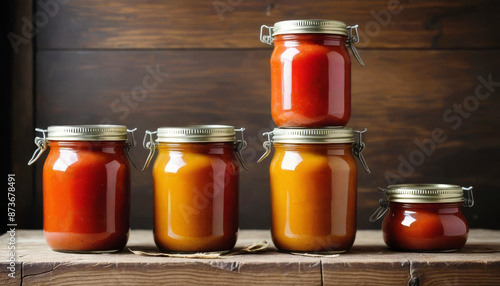 Cinco potes de vidro com tomates e tampas metálicas, sobre superfície e fundo em madeira