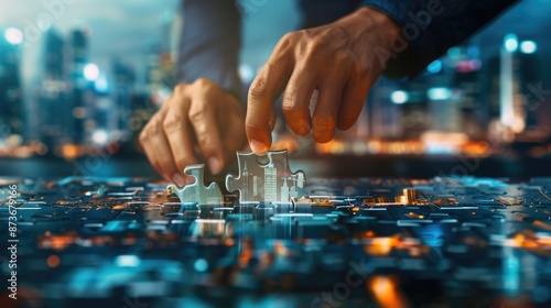 Hands assembling puzzle pieces over a digital cityscape representing strategy, planning, and innovation in urban development at night.