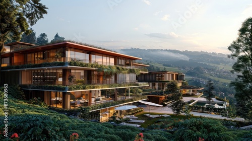 A large building with a green roof and a balcony