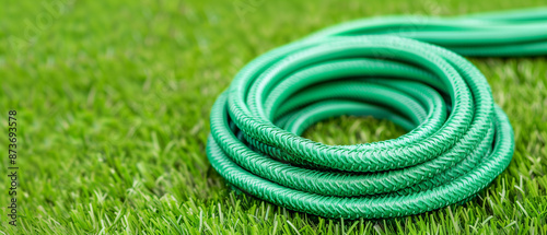 A neatly coiled green garden hose resting on a vibrant grassy lawn, representing essential gardening tools and equipment.