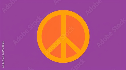 A peace sign in orange on a purple background, Minimal 60s geometric flat design