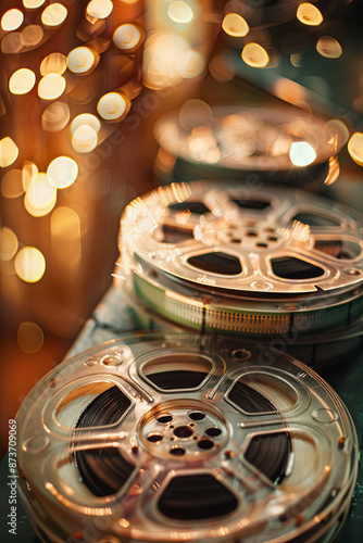 Old cinema film reels with bokeh background