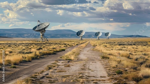 The Very Large Array (VLA) in New Mexico, USA, featuring a series of large satellite dishes arranged in a Y-shaped configuration on the plains of San Agustin.