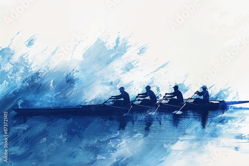 A group of rowers are in a boat on a blue ocean