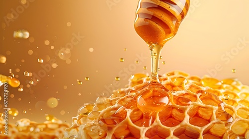 Golden Honey Dripping onto Honeycomb: A Sweet Treat