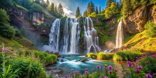 Majestic waterfall surrounded by lush greenery, wildflowers, and ancient trees, waterfall, lush, green