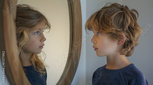 Kid gender identity concept image with a boy or girl child seeing reflection of the opposite gender in a mirror , underage transgender person