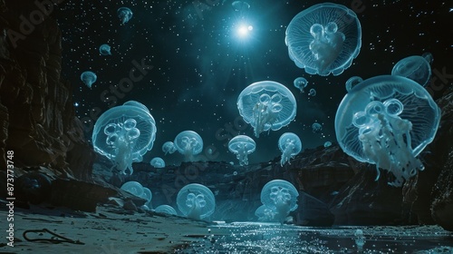 Alien-like jellyfish float through a desert oasis, their translucent bodies reflecting the surreal moonscape above.