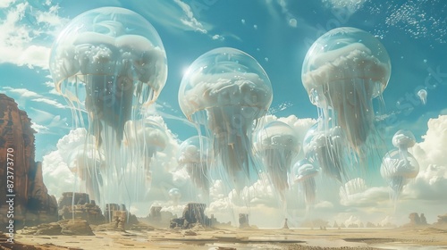 Alien-like jellyfish float through a desert oasis, their translucent bodies reflecting the surreal moonscape above.