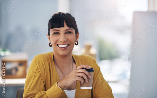 Businesswoman, portrait and coffee in office for career, company and relax with confident smile. Female person, face and happiness in workplace for creative agency, work and tea break as editor