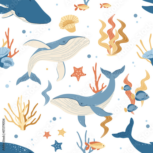 Seamless pattern with cartoon whale. Background with sea animal in flat style. Suitable for decoration, design, stickers