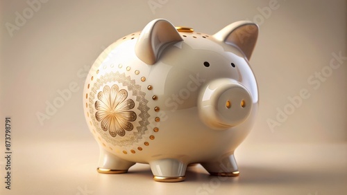 Ornate ceramic piggy bank with shiny gold coin slot sits on a spotless white table against a soft blue background.