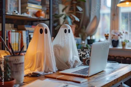 Two cute ghost figures using a laptop at a cozy, cluttered home office, creating an amusing contrast between spooky and modern.