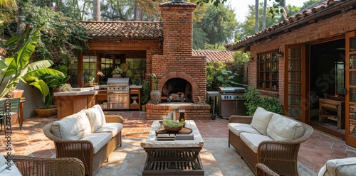 Brick Outdoor Kitchen and Patio Seating Area With Wicker Furniture