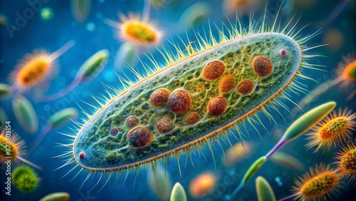 Microscopic view of Paramecium caudatum's asymmetrical body, cilia, and macronucleus, with distinctive caudal tail, amidst blurred aquatic background.