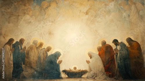 An ethereal painting of the nativity scene with a radiant halo around baby Jesus in the manger surrounded by Mary Joseph the Three Wise Men and a host of angels all illuminated by a divine light