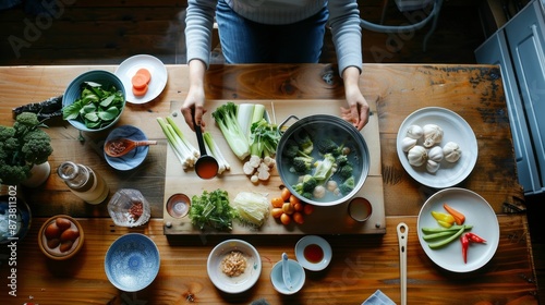 Gather around the table for a heartwarming Japanese hot pot dinner with fresh ingredients and communal cooking fun. Created with Generative AI.