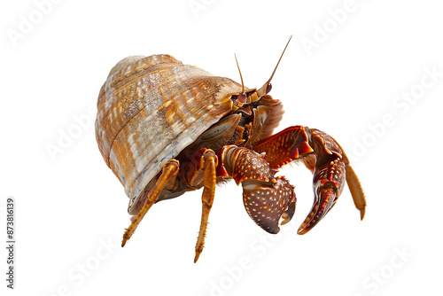 Close-up image of a hermit crab in detail, showcasing its protective shell and intricate features on a white background.