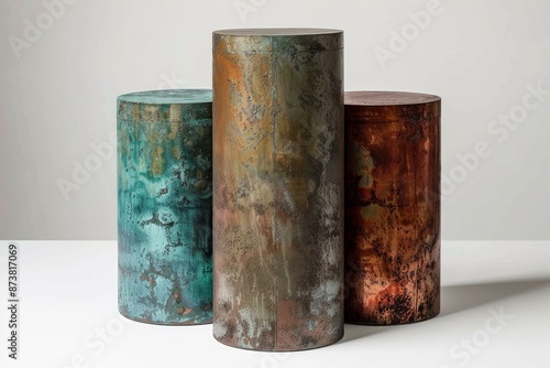 Three cylindrical containers with unique verdigris and rust patina finishes isolated on a clean backdrop