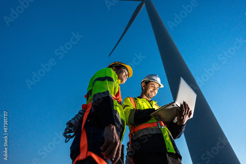 Diverse ethnicity male technicians working in the wind turbines field.